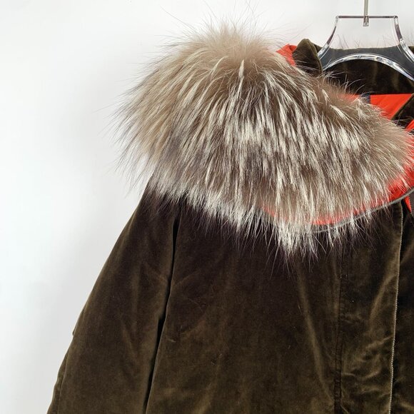 Moncler Brown Velvet Parka With Fur Trim & Orange Lining - Picture 3 of 8